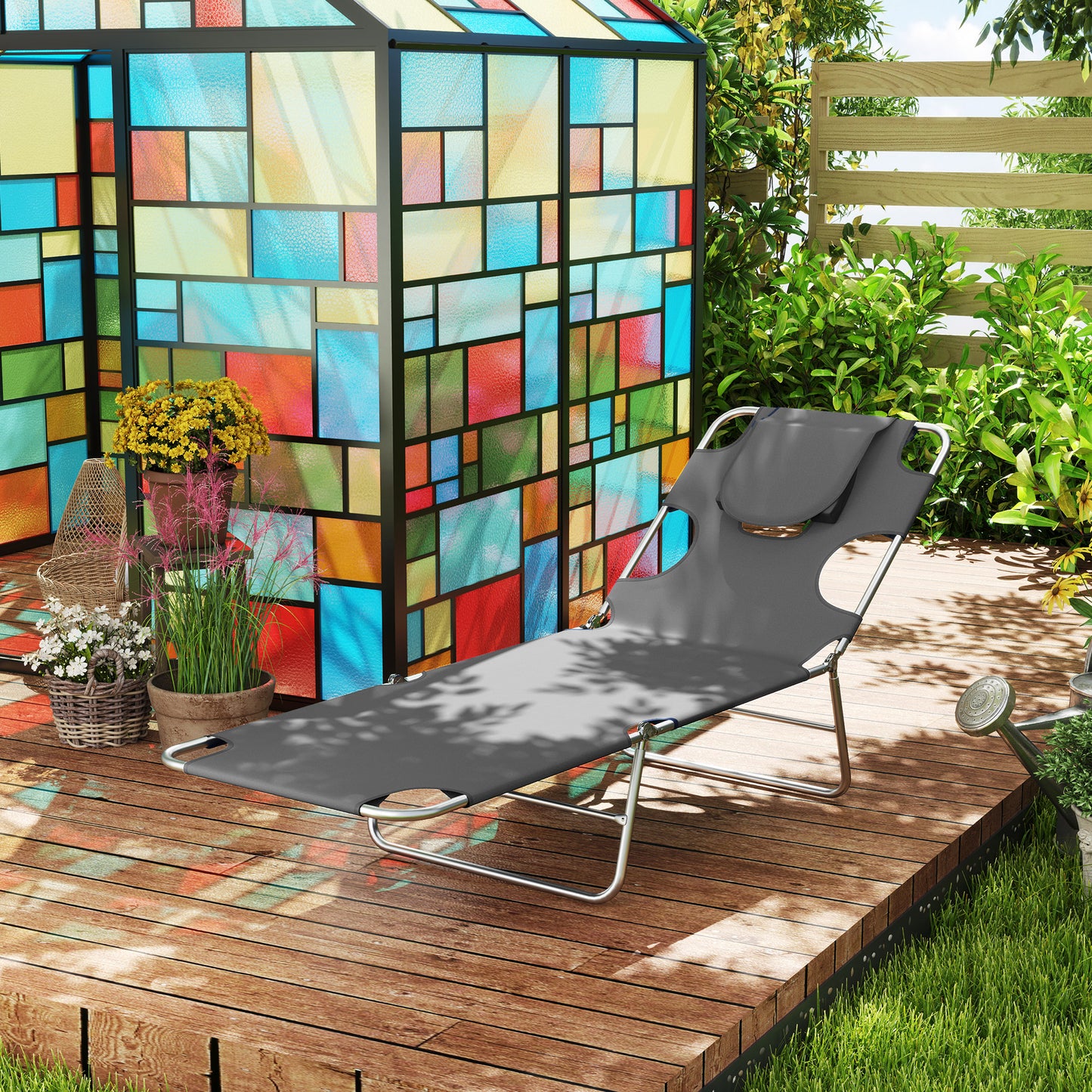 Foldable Sun Lounger Set of 2, Beach Chaise Lounge with Reading Hole, Arm Slots, 5-Position Adjustable Backrest, Side Pocket, Pillow for Garden