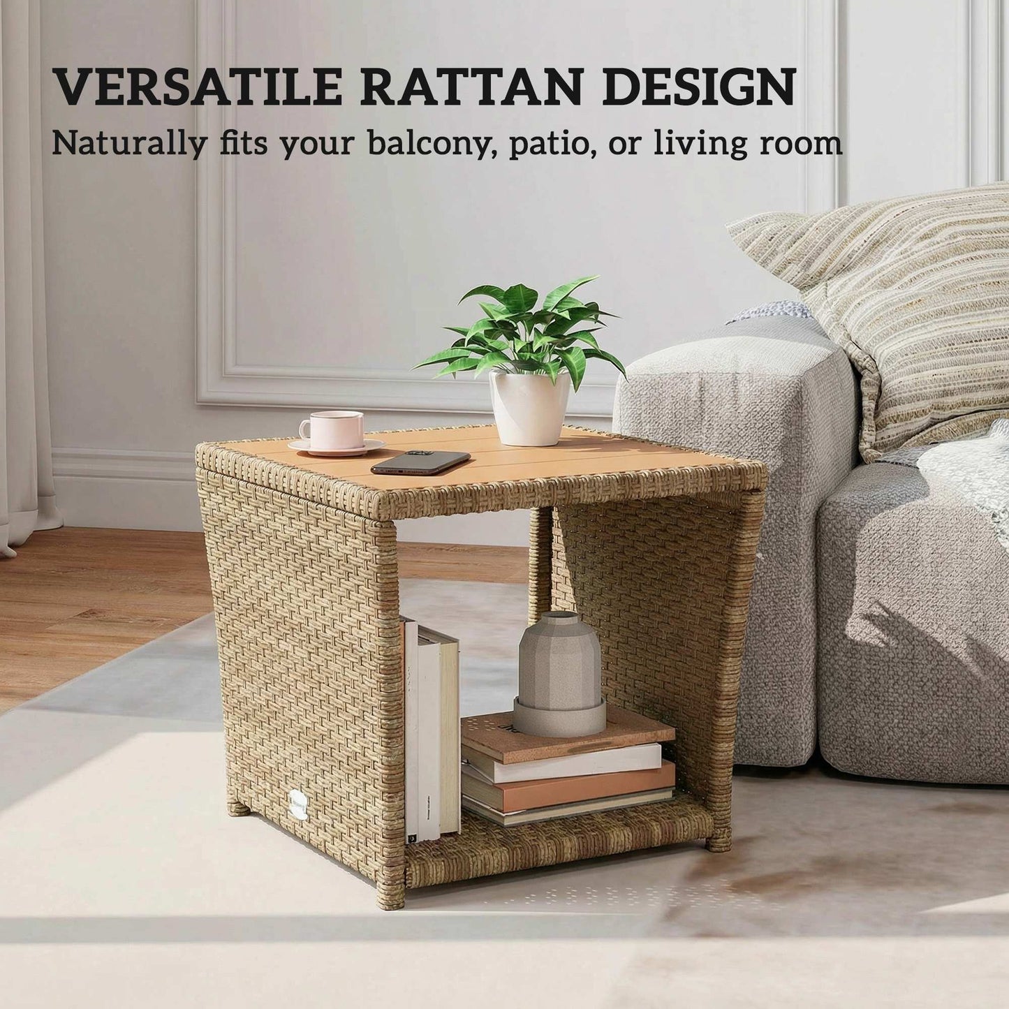 2-Tier Outdoor Rattan Side Table | PS Wood-Plastic Slat Top | PE Wicker | Powder-Coated Frame | UV-Resistant | 50kg | 45x45x43cm | Khaki