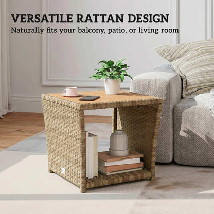 2-Tier Outdoor Rattan Side Table | PS Wood-Plastic Slat Top | PE Wicker | Powder-Coated Frame | UV-Resistant | 50kg | 45x45x43cm | Khaki