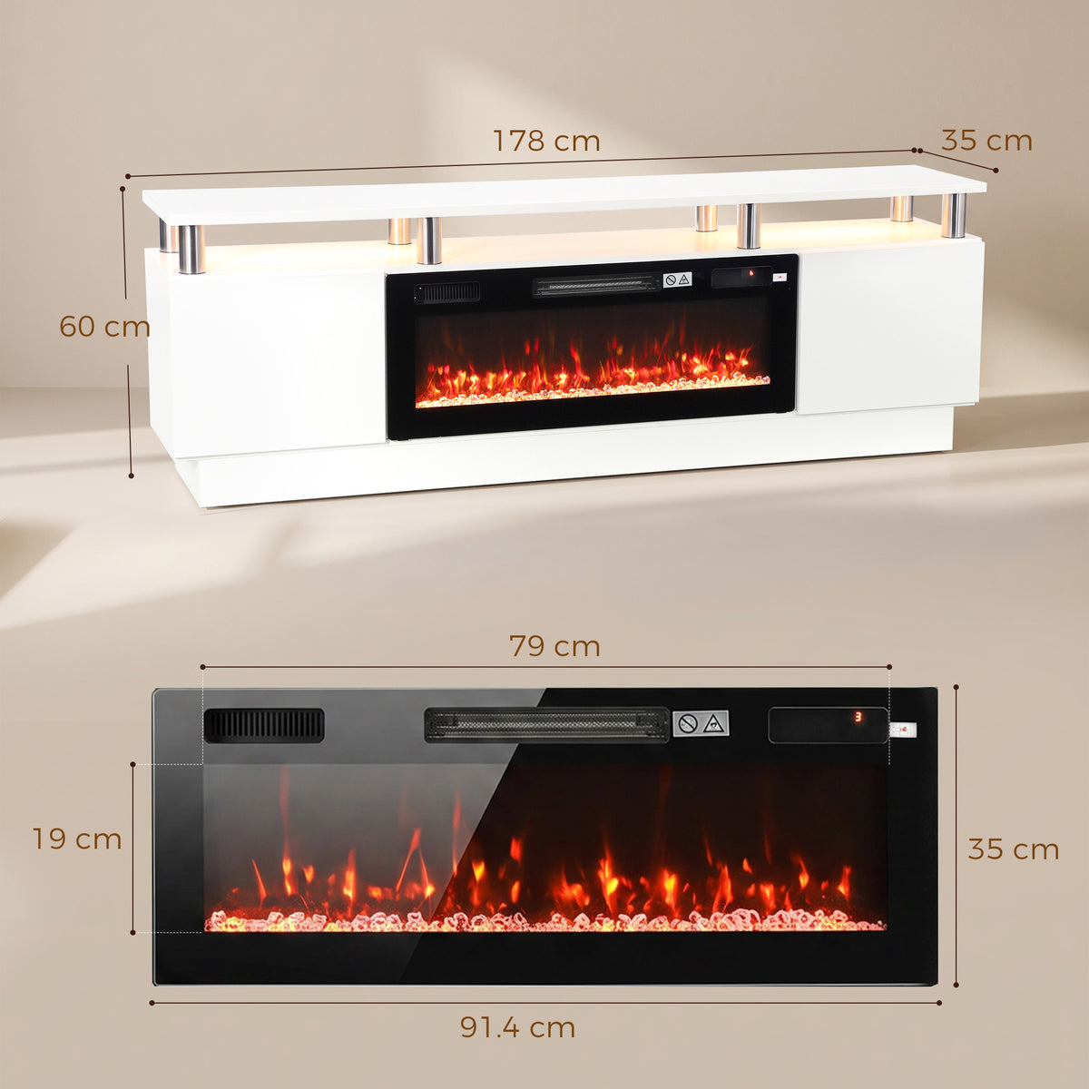 178cm Electric Fireplace TV Stand | Floating-Effect Top, LED Shelf & 2 Cabinets | 900/1800W, 12 Flame Colours, Remote & Timer | White