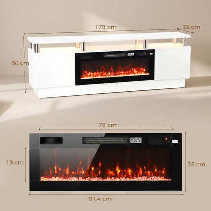 178cm Electric Fireplace TV Stand | Floating-Effect Top, LED Shelf & 2 Cabinets | 900/1800W, 12 Flame Colours, Remote & Timer | White