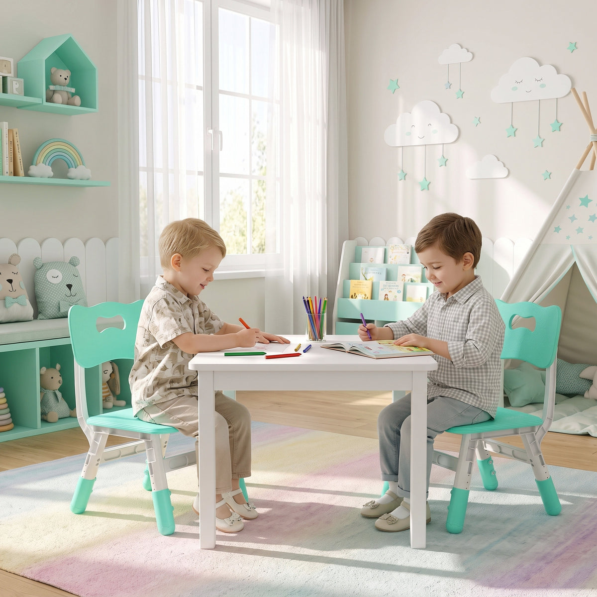 AIYAPLAY Kids Desk Chairs Set of 2 | Green & White | 3-Level Adjustable Seat Height 26–30cm | Backrests & PP Construction | Ages 18 Months–8 Years