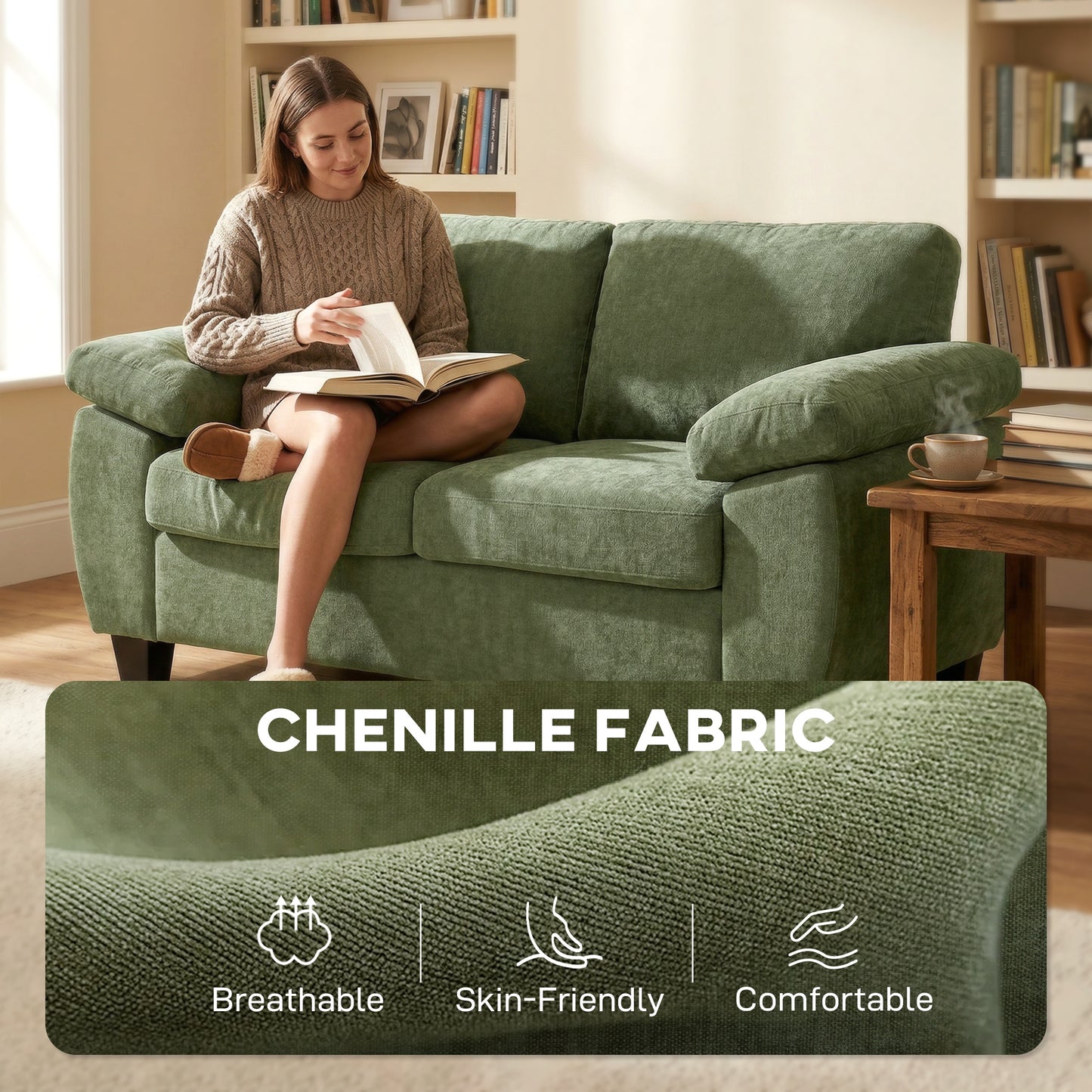2 Seater Chenille Loveseat Sofa | 156cm | 18cm Pocket Spring Seat | Wide Padded Armrests | 300kg | Fire Retardant | Dark Green