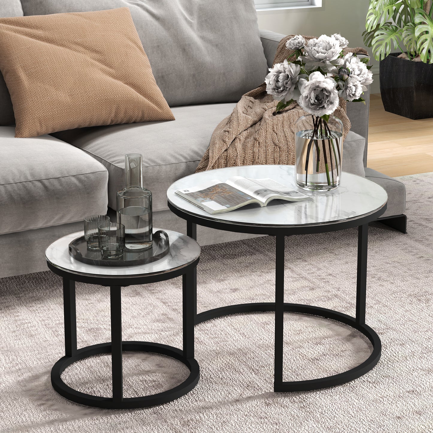 Glass Coffee Table Set of 2, Round Nest of Tables with Marble-Effect Tempered Glass Tabletop and Steel Frame, Side Tables for Living Room, White