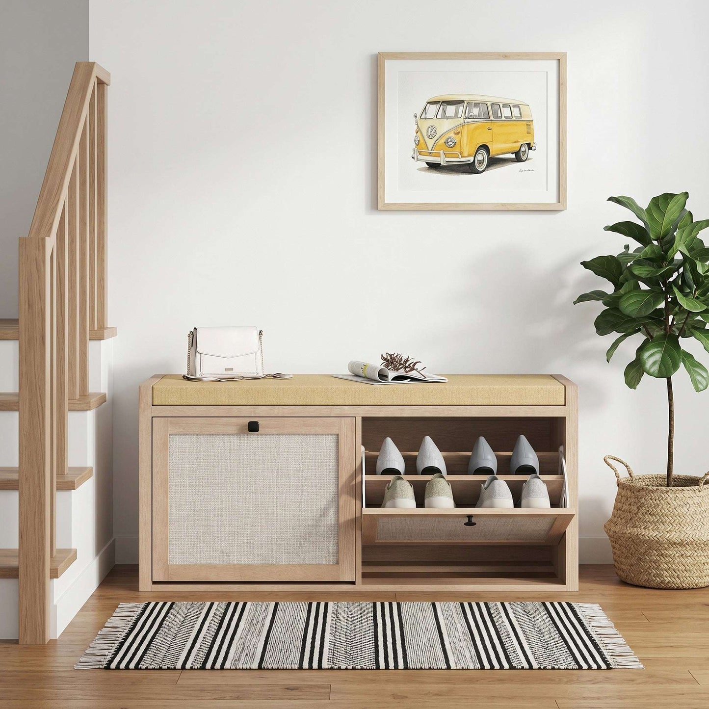 Hallway Shoe Bench | PE Rattan Doors | 4.5cm Foam Padded Seat for 2 | 2 Flip-Down Cabinets | Magnetic Catches | BS5852 Compliant | 180kg Capacity | 105x35x50cm | Oak Wood Effect