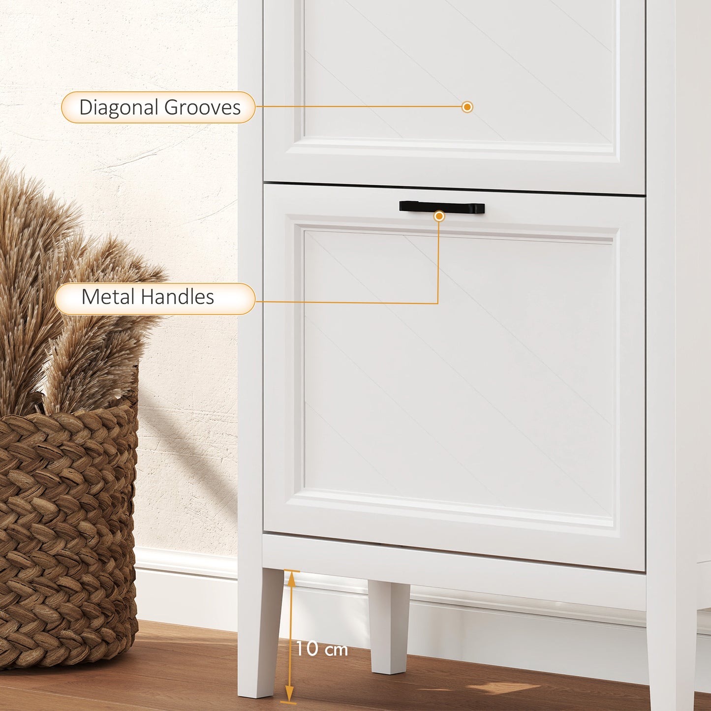 Farmhouse Narrow Shoe Cabinet | 2 Flip Drawers | 8-12 Pairs | White
