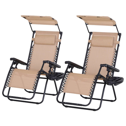 2 Piece Foldable Reclining Garden Chairs with Headrest, Zero Gravity Deck Sun Loungers Seat Chair with Footrest, Armrest, Cup Holder & Canopy Shade