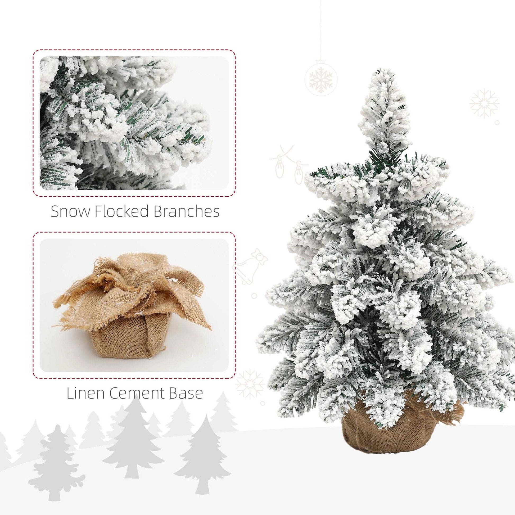 1.5ft Mini Artificial Christmas Trees with Lights Set of 2, Snow Flocked Tabletop with Base, Battery Operated, Desktop Party Decoration