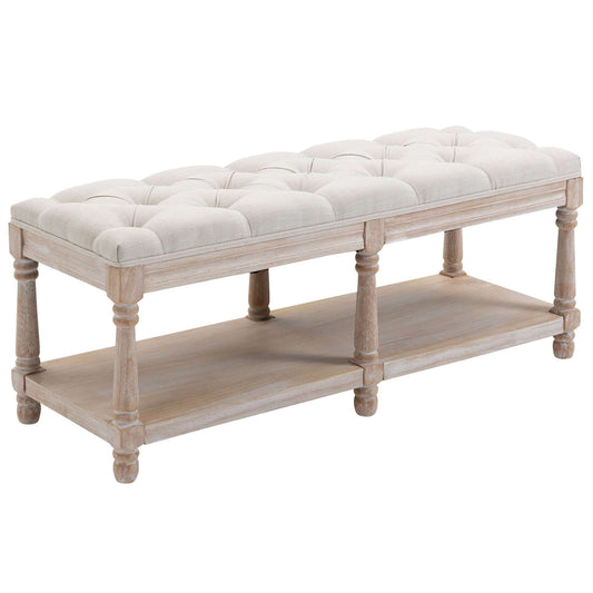 2 Tier Shoe Rack Bench with Button Tufted Upholstered Cushion, Vintage Bed End Bench, Wooden Window Seat for Hallway, Living Room, Cream White