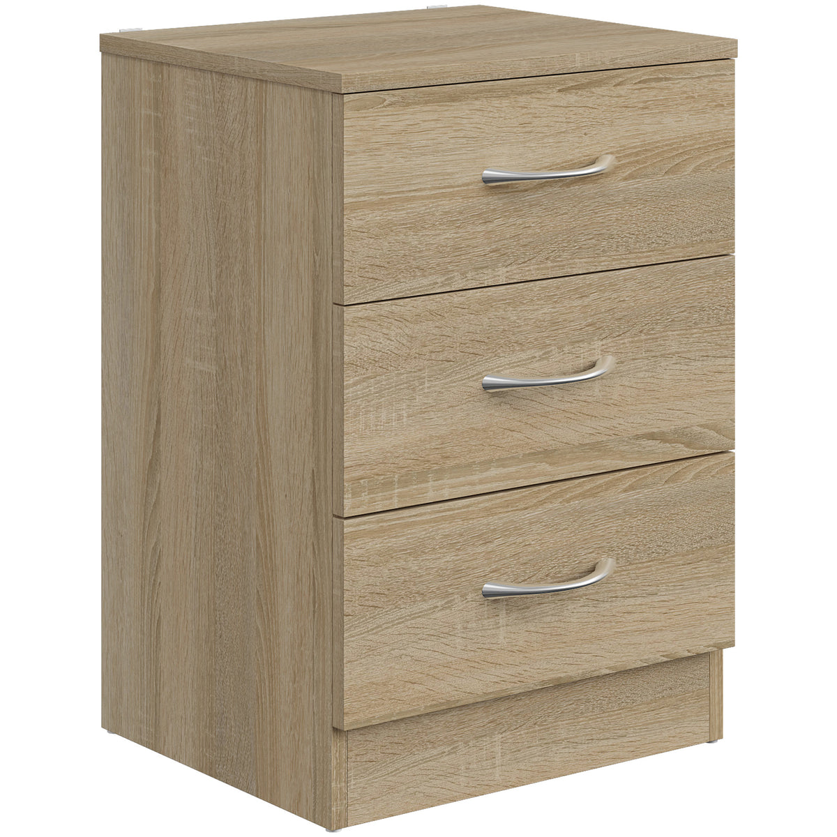 3-Drawer Bedside Table with Aluminium Handles & Wooden Glides | Oak Tone Melamine Finish | Non-Slip Pads | 40x35x58cm | 50kg Capacity | 10kg Per Drawer | Particleboard | Assembly Required