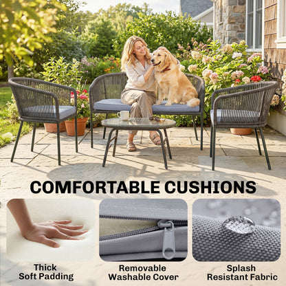 4-Piece Garden Sofa Set | PP Rope Weave | Loveseat, 2 Armchairs & Tempered Glass Table | Washable Cushion Covers | Powder-Coated Steel Frame | Adjustable Feet | Dark Grey