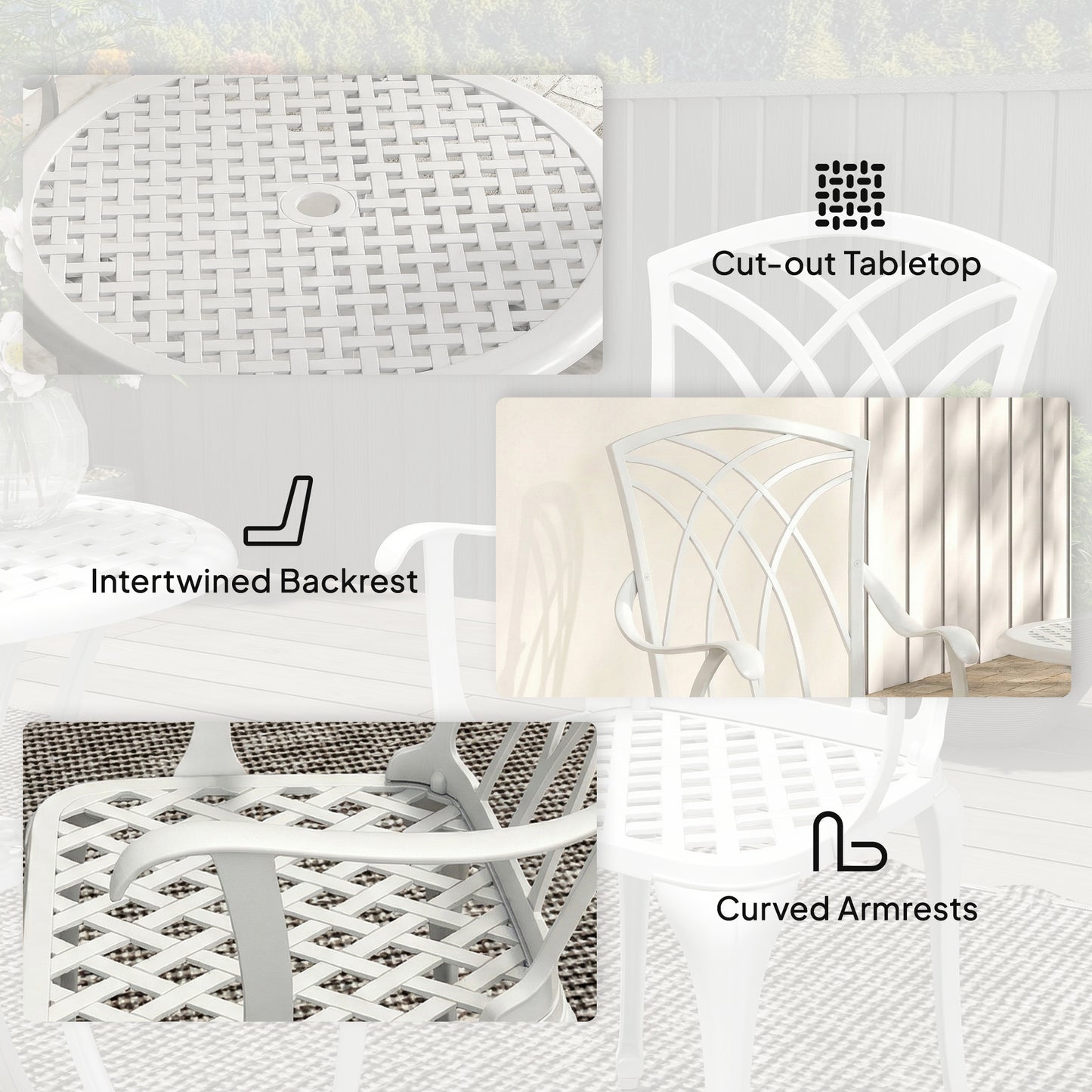 3 Piece Cast Aluminium Garden Bistro Set | Round Table Dia 61cm | Parasol Hole | 2 Chairs | Cut-Out Back Design | Adjustable Feet | 120kg | White