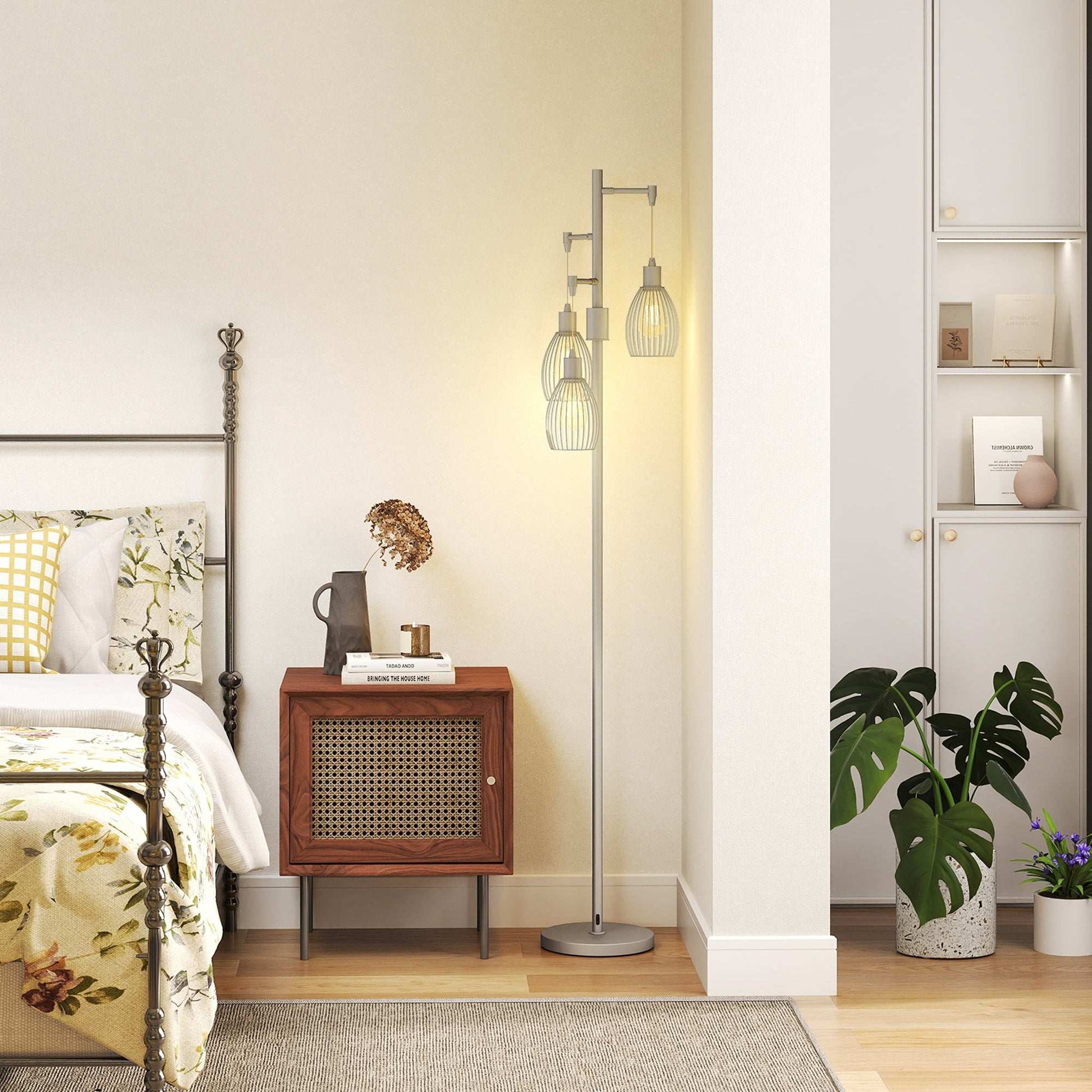 170cm Industrial 3-Light Floor Lamp, Dimmable Standing Lamp with Steel Lampshades for Living Room, Bedroom, Dinging Room, Study, Silver Tone