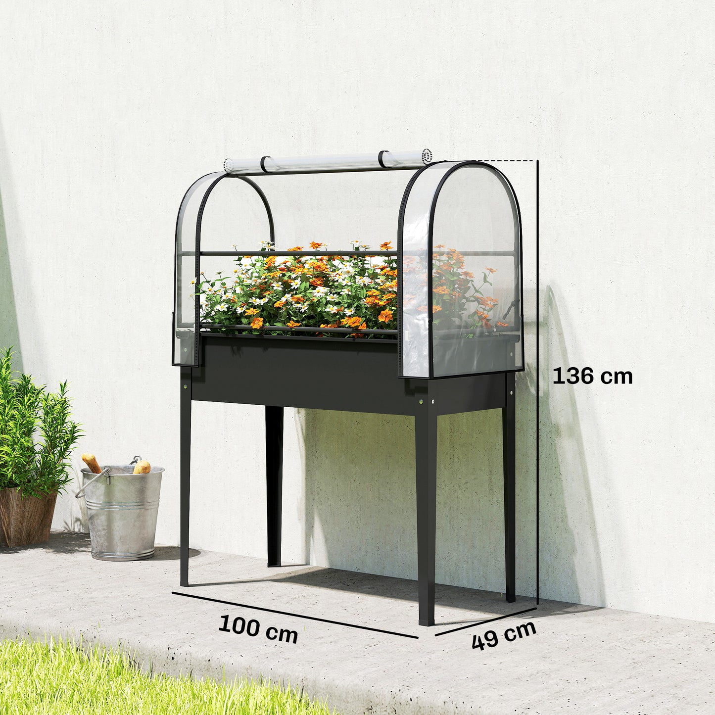 Raised Garden Bed on Legs with Flip-Up Greenhouse Cover | Transparent | Zipped Roll-Up Door | Removable Cover | 0.6mm Metal | Drainage Hole | 80kg | 100x49x136cm | Black