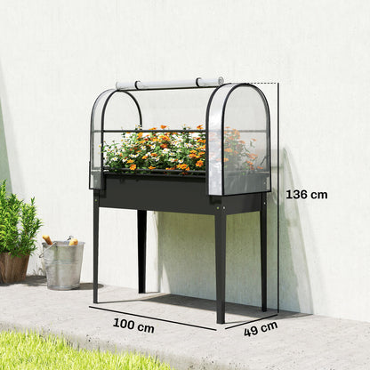 Raised Garden Bed on Legs with Flip-Up Greenhouse Cover | Transparent | Zipped Roll-Up Door | Removable Cover | 0.6mm Metal | Drainage Hole | 80kg | 100x49x136cm | Black