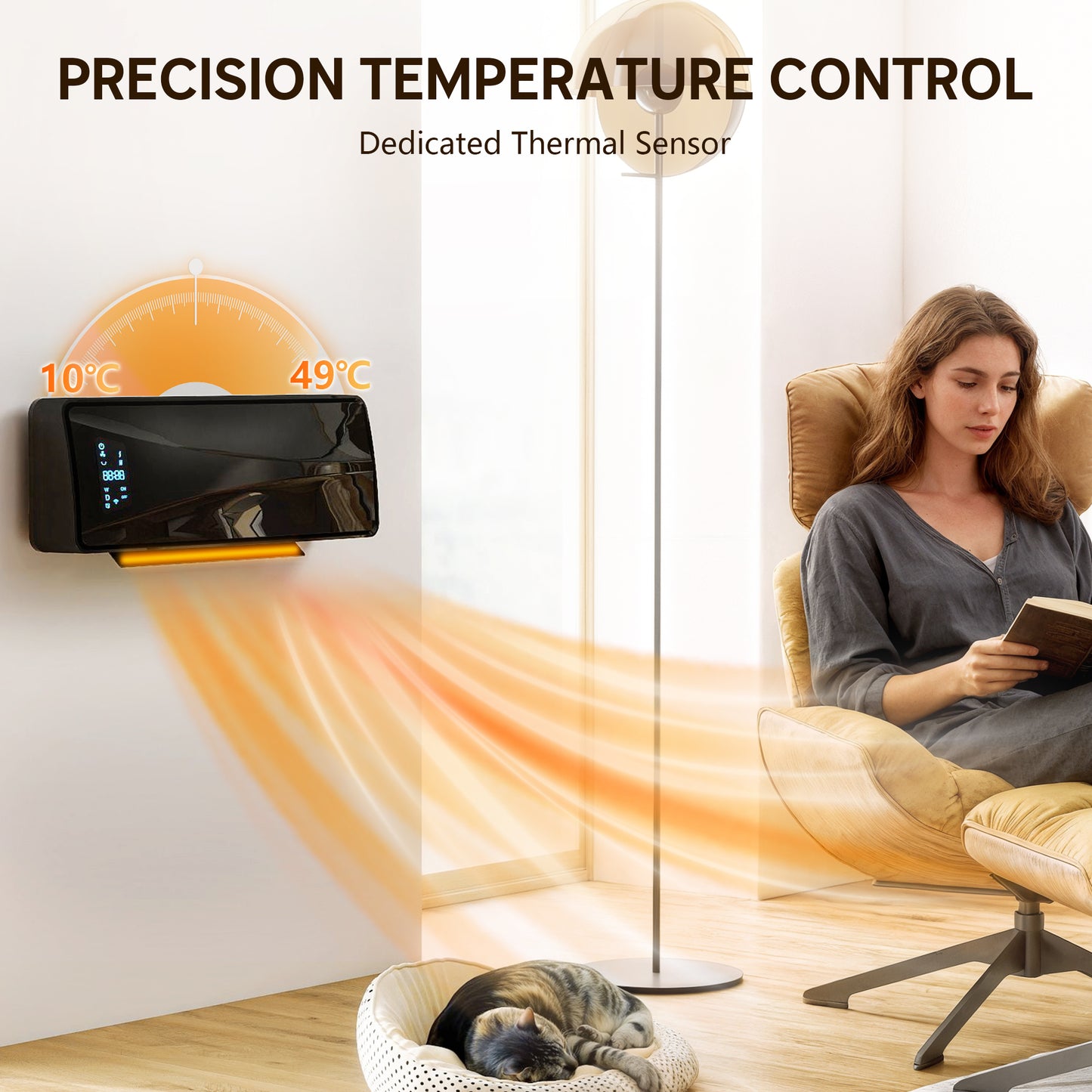 2000W Ceramic Electric Heater with Fan, Adjustable Thermostat, Wall Mounted - Black / White