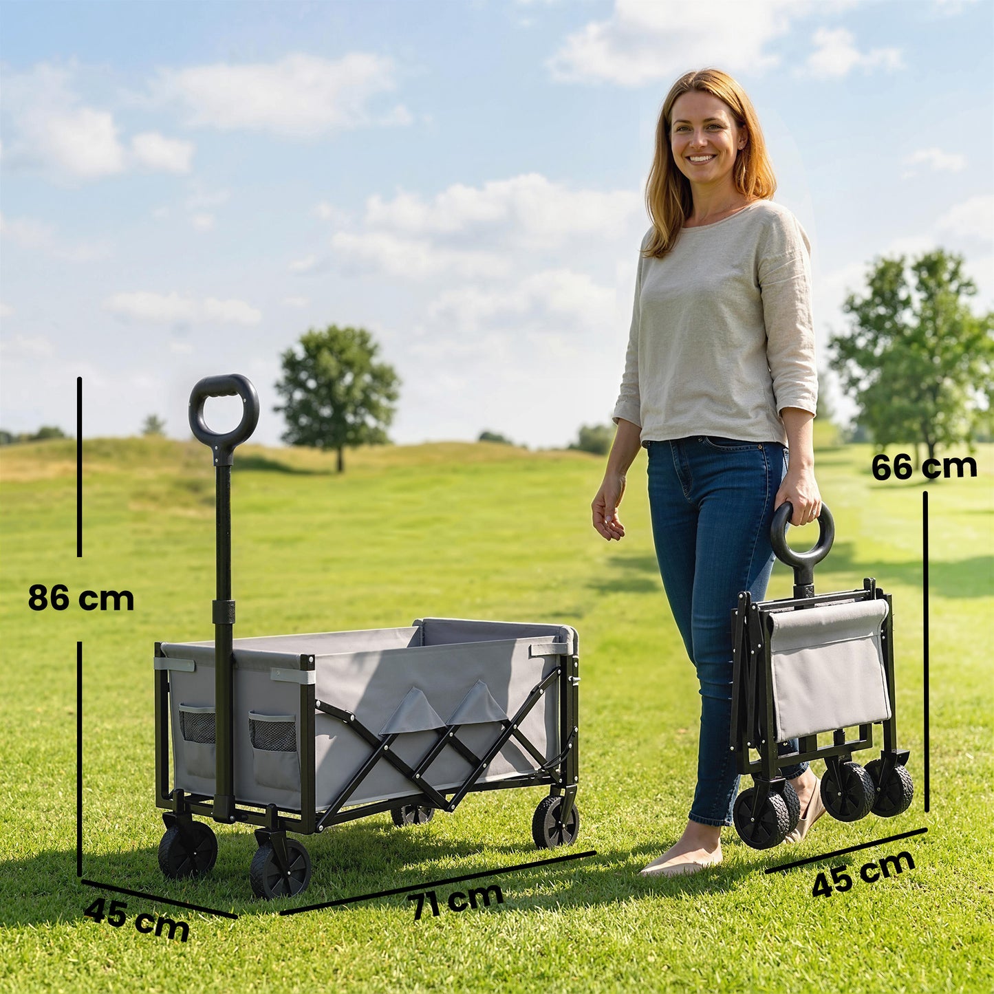 80L Foldable Festival Camping Trolley | Drop-Down Tailgate | Adjustable Handle | 2 Cup Holders | Storage Bags | Quick Release Wheels | 150kg | Grey
