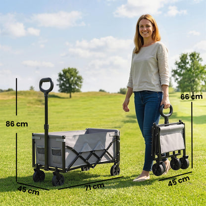 80L Foldable Festival Camping Trolley | Drop-Down Tailgate | Adjustable Handle | 2 Cup Holders | Storage Bags | Quick Release Wheels | 150kg | Grey