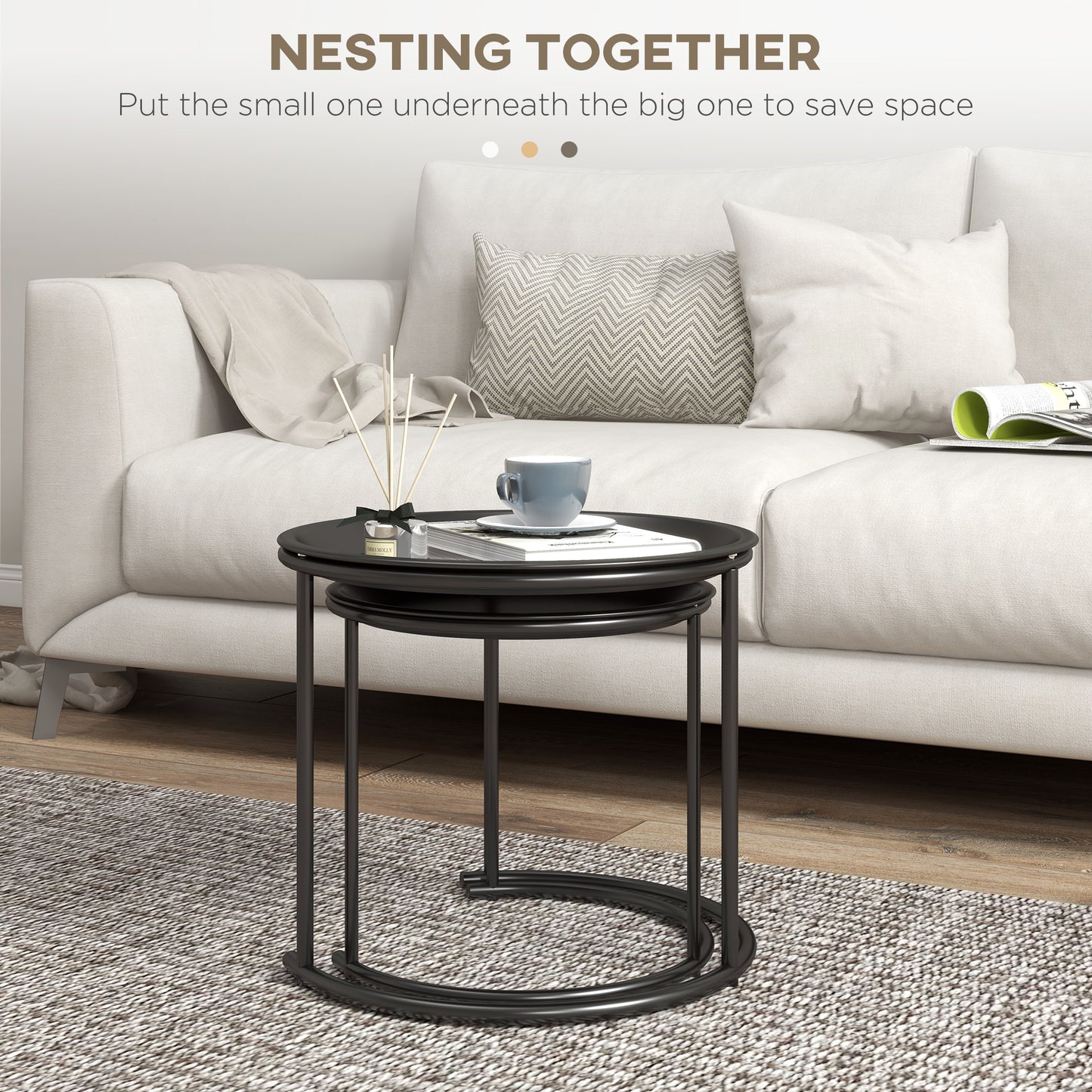 Nesting Tables Set of 2, Side End Table with Removable Tabletop Tray and Steel Frame for Living Room, Bedroom, White