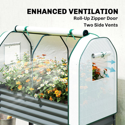 Galvanised Raised Planter with Greenhouse Cover | PE Cover Roll-Up Door & Side Vents | Elevated on Legs | Bottom Mesh Shelf | 180kg Capacity | 120x55x140cm | Dark Grey