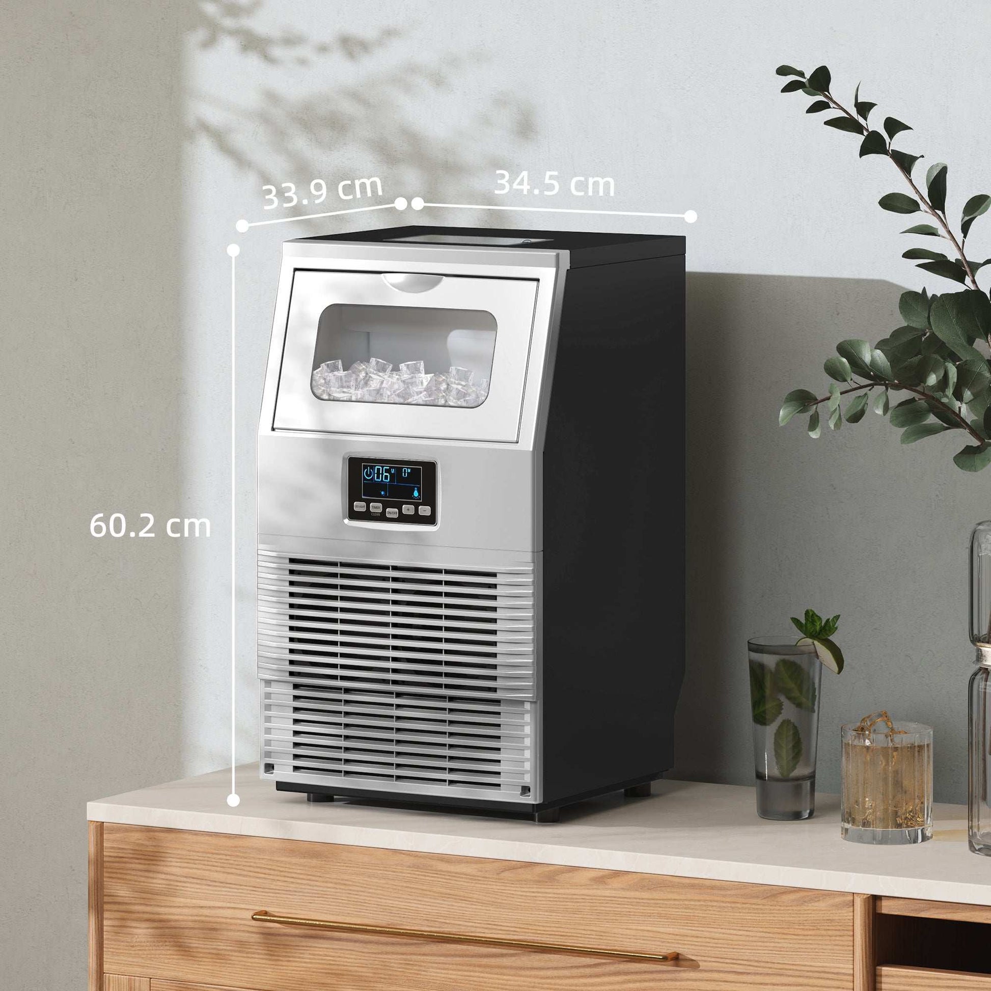 Commercial Industrial Ice Cube Maker Machine, Freestanding with Digital Control, Ice Scoop, Self-cleaning, 4kg Ice Storage, 30kg/24 Hours