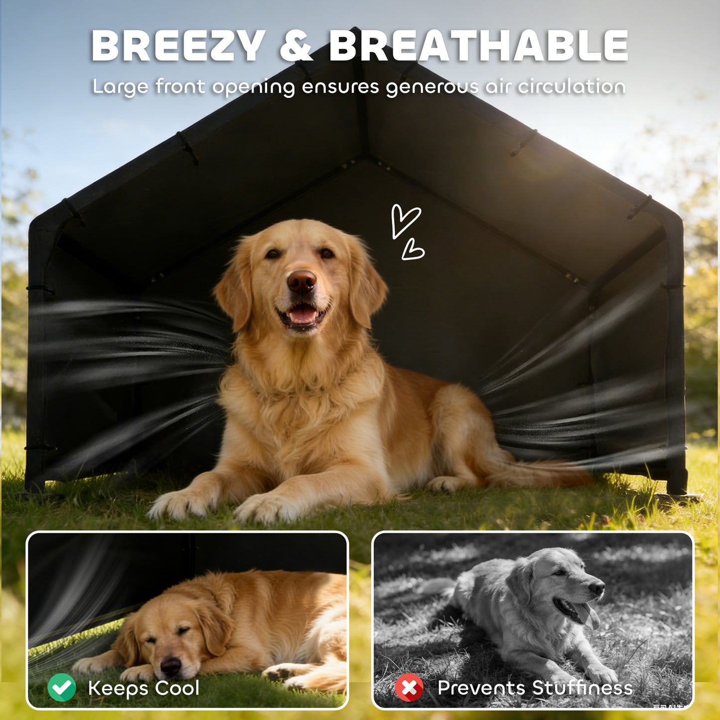 Outdoor Dog Shade Shelter | 420D Oxford Canopy | UV & Rain Resistant | Powder-Coated Steel Frame | Slanted Roof | Large Dogs up to 30kg | 125 x 110 x 93cm | Black