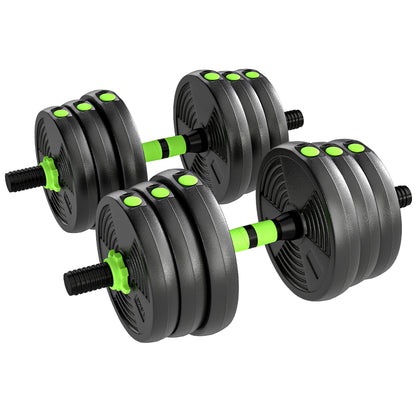 SPORTNOW 3-in-1 Adjustable Dumbbell Barbell & EZ Curl Bar Set | Black & Green | 15kg 20kg 25kg | Sand-Filled PVC Plates | Spinlock Collars | Non-Slip Handles | 2.5cm Hole | Home Gym