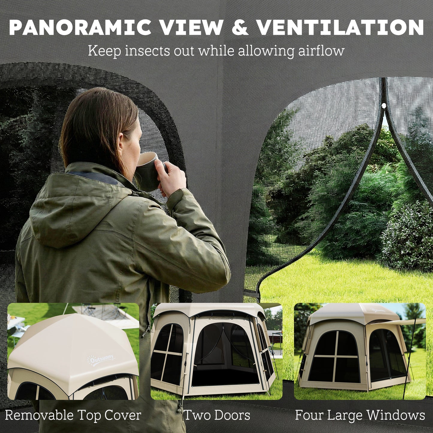 Outsunny Pop Up Tent 3000mm Waterproof Instant Camping Tent 3-4 Person with 2 Doors 4 Windows Khaki