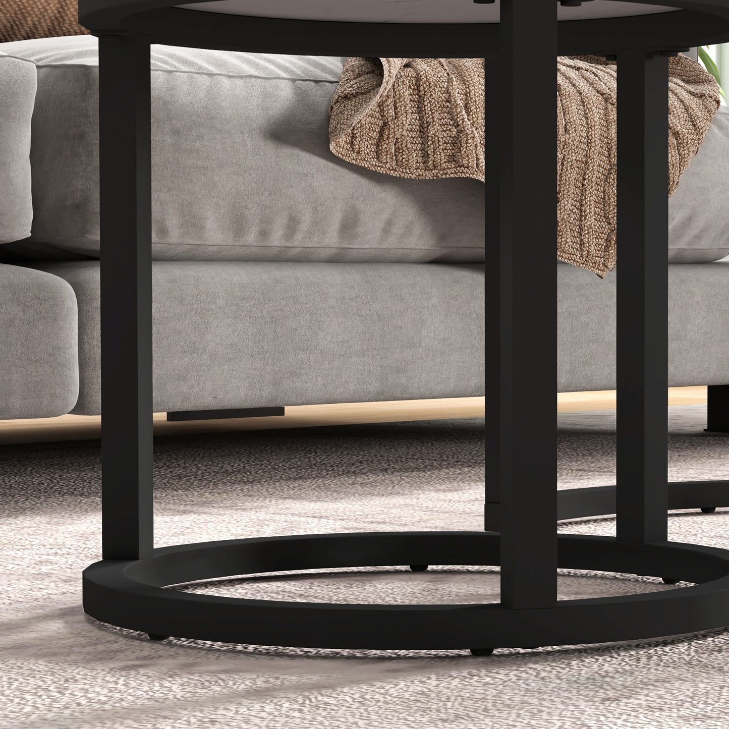 Glass Coffee Table Set of 2, Round Nest of Tables with Marble-Effect Tempered Glass Tabletop and Steel Frame, Side Tables for Living Room, White