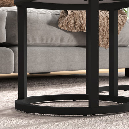 Glass Coffee Table Set of 2, Round Nest of Tables with Marble-Effect Tempered Glass Tabletop and Steel Frame, Side Tables for Living Room, White