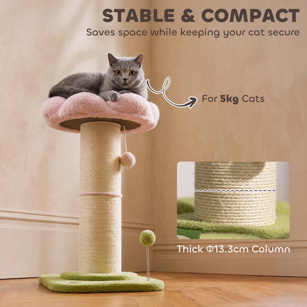 Pink & Green Compact Cat Tree | 59 cm Indoor Scratching Post with Flower Perch, Teddy Plush Bed & Spring Toys | For Cats Up to 5 kg