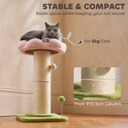 Pink & Green Compact Cat Tree | 59 cm Indoor Scratching Post with Flower Perch, Teddy Plush Bed & Spring Toys | For Cats Up to 5 kg