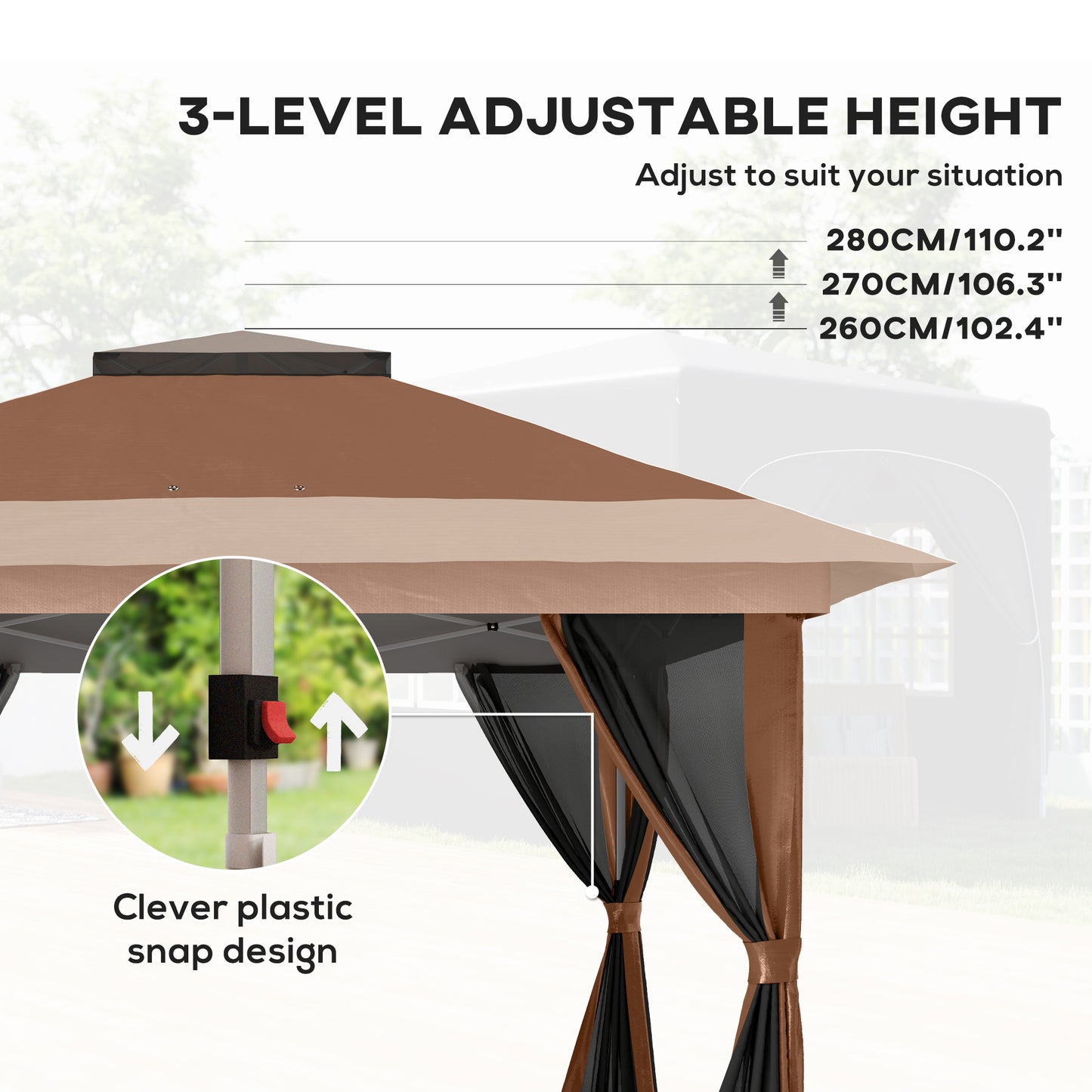 3.6x3.6m Pop-Up Gazebo | UPF50+ Oxford Fabric | Removable Mesh Walls | 3-Height Adjustment 260-280cm | 8 Drainage Holes | 4 Guy Ropes, 12 Ground Stakes & 4 Sandbags | Wheeled Carry Bag | Fits 8-12 People | Brown