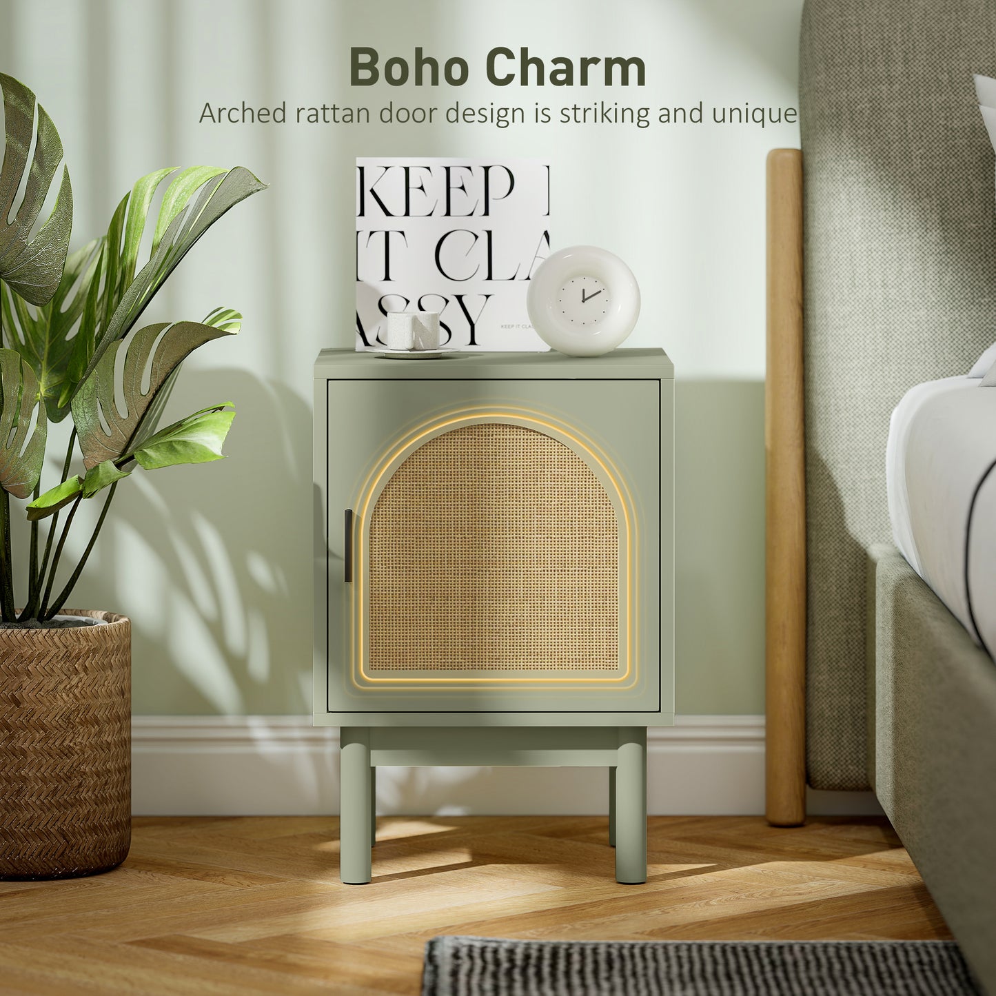 Set of 2 Rattan Boho Bedside Tables | Arch Doors | Solid Wood Legs | Light Green