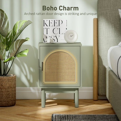 Set of 2 Rattan Boho Bedside Tables | Arch Doors | Solid Wood Legs | Light Green