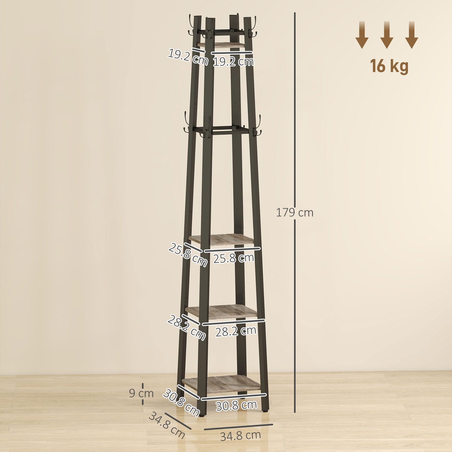 Industrial Coat Stand with 8 Hooks and 4 Shelves - Grey / Rustic Brown