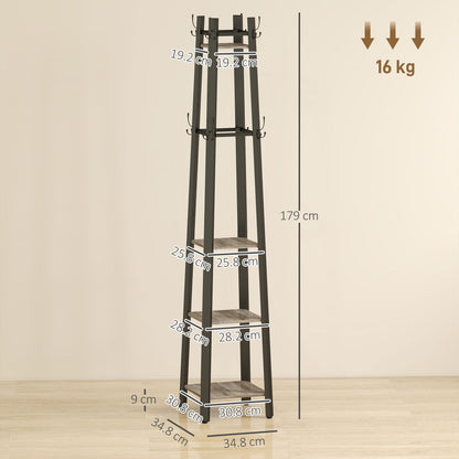 Industrial Coat Stand with 8 Hooks and 4 Shelves - Grey / Rustic Brown