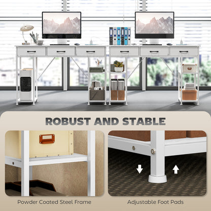 120cm Computer Desk with Power Outlets, Office Desk Study Table with 3 Fabric Drawers and 4 Storage Shelves, White
