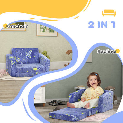 AIYAPLAY 2 in 1 Kids Foldable Chair Bed with Glow in The Dark Cosmic Design, Washable Cushion and Cover, Blue