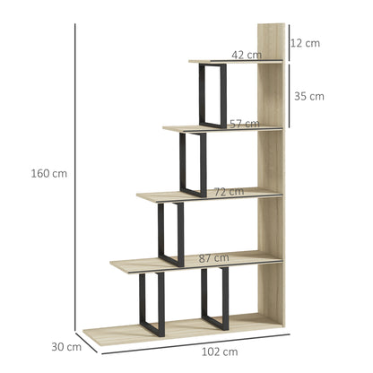 5 Tier Ladder Bookcase | Display Shelf | Particleboard | Anti-Tip | 102x30x160cm | 80kg | Oak