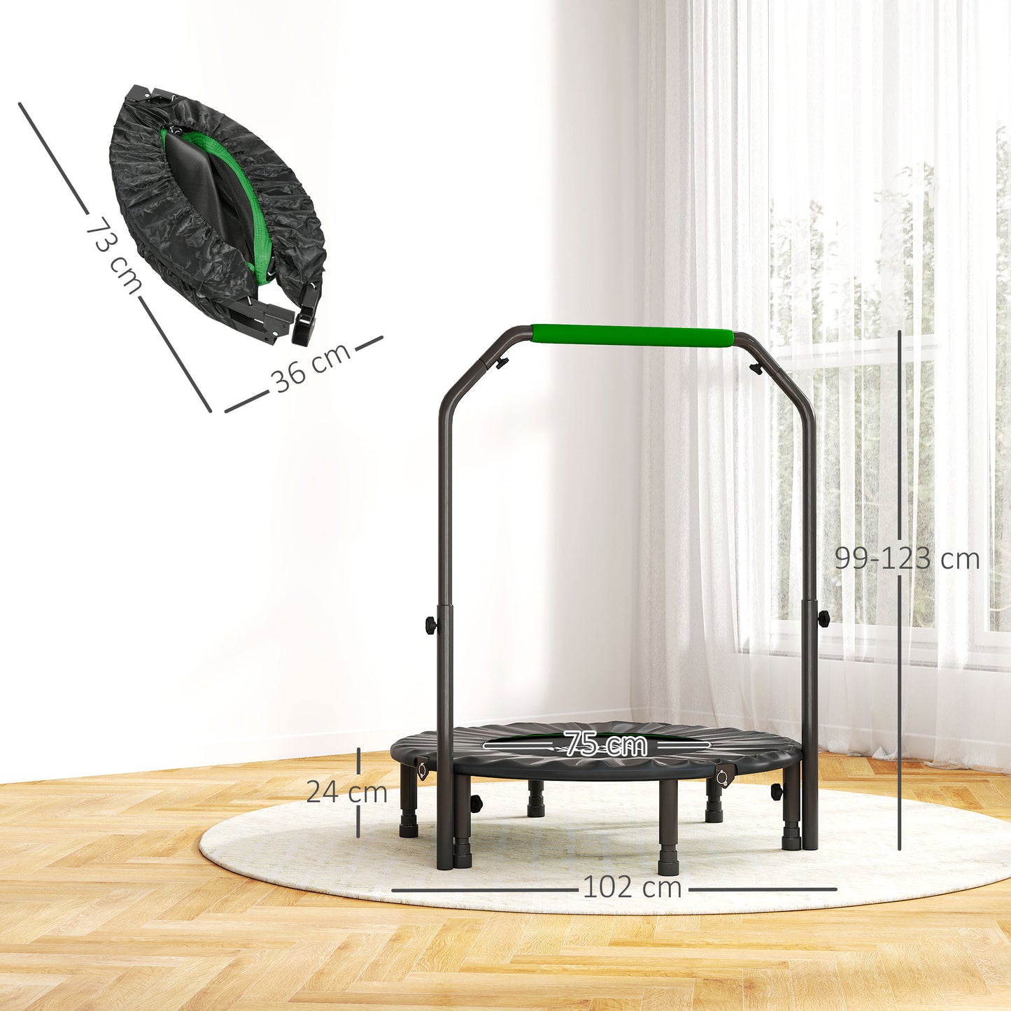 40" Foldable Mini Fitness Trampoline, with Adjustable Foam Handle, Green