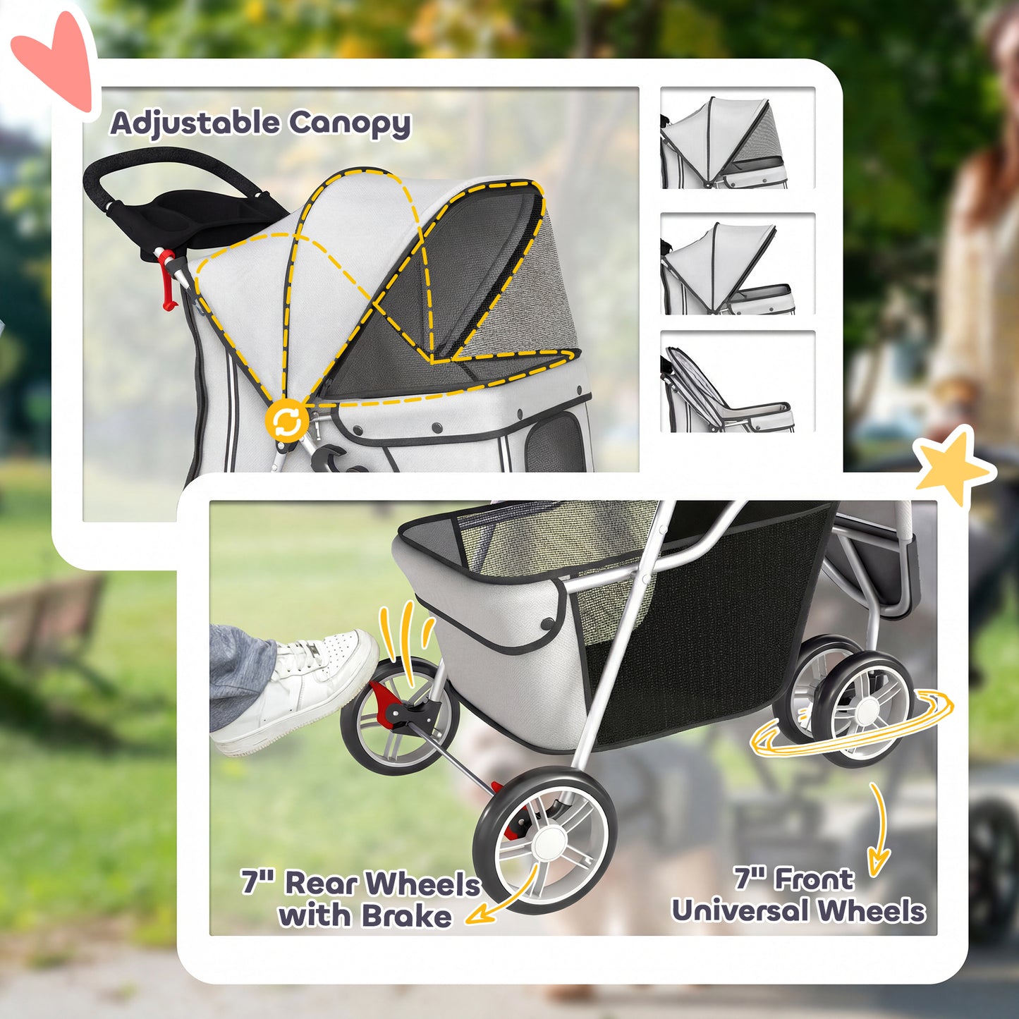 3-Wheel Foldable Dog Stroller / Pet Pushchair | Mesh Canopy | Cup Holder | Reflective Strips | 10kg | Grey