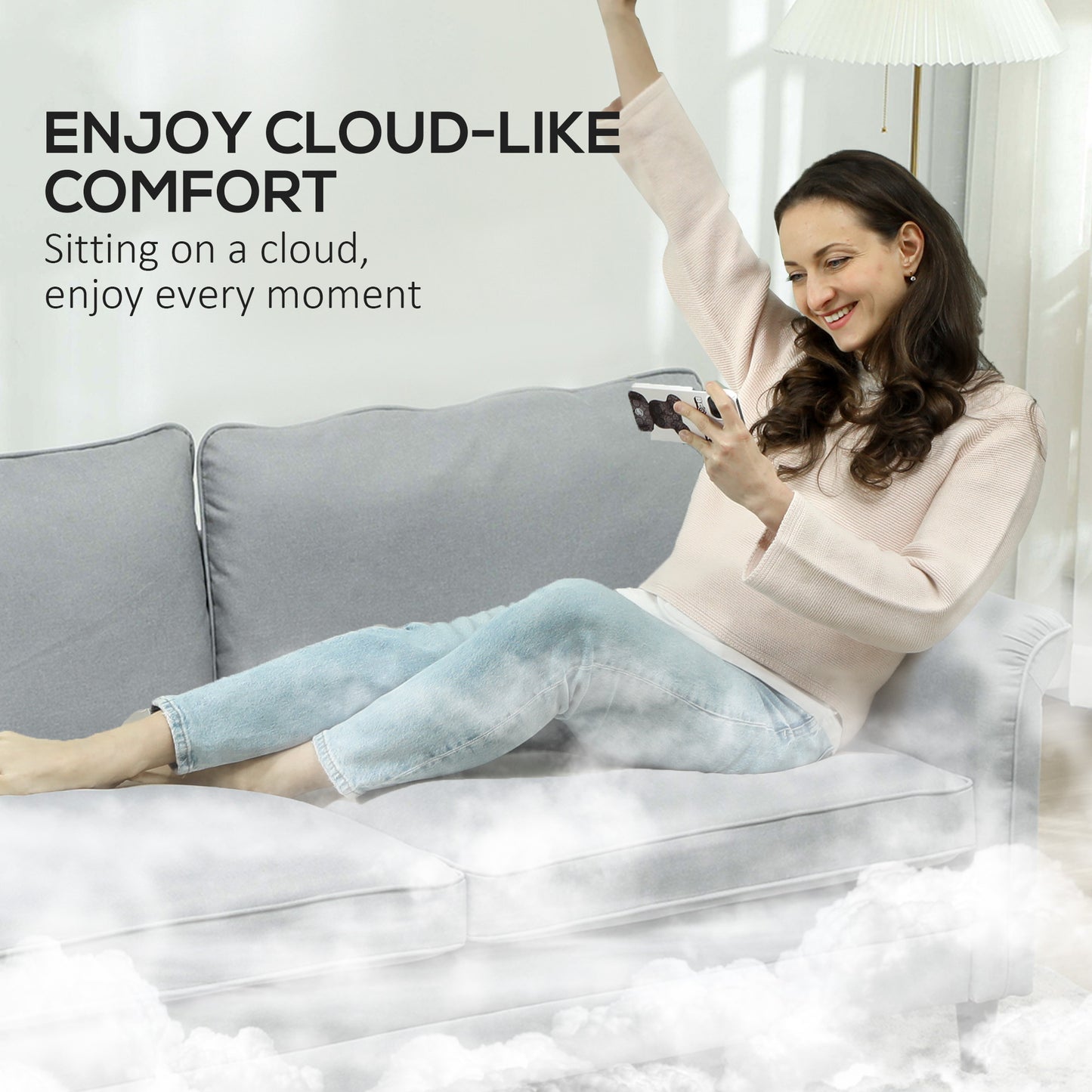 3 Seater Sofa, Modern Fabric Sofa Couch with Spring Cushion, Rubber Wood Legs, 191cm Upholstered Settee for Living Room, Bedroom, Home Office