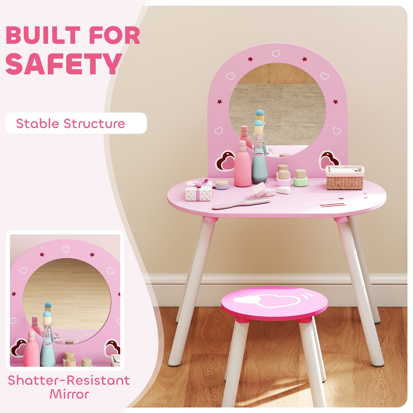 AIYAPLAY Kids Dressing Table with Mirror and Stool, Girls Vanity Set for Kids Room, Bedroom, Nursery, for Ages 3–6 Years, Pink