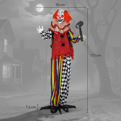 173 cm Life Size Halloween Animated Standing Clown & Hammer with Red Light Up Eyes, Sound Activated Moving Arms & Head, Scary Clown Halloween Decorations, Battery Operated, Indoor Party Props