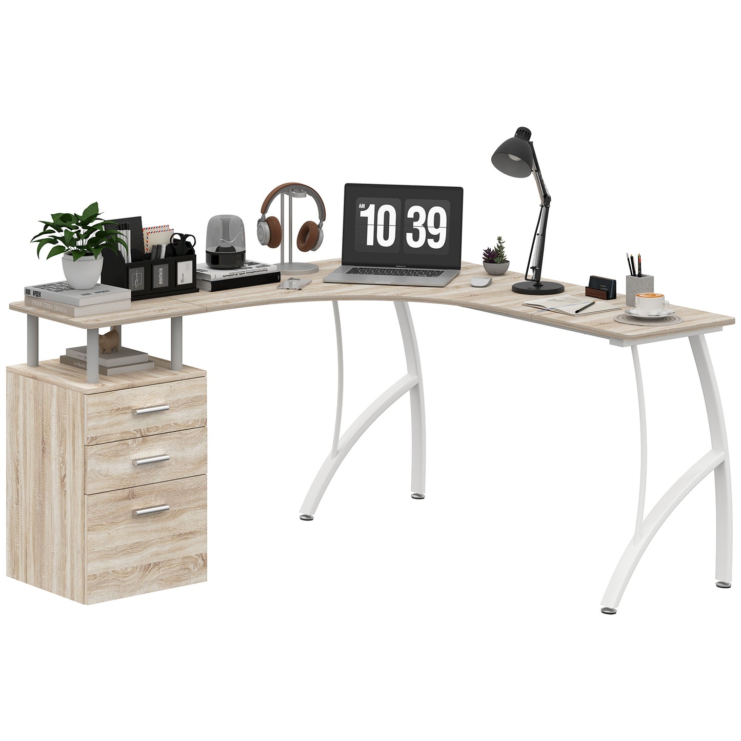 L-Shaped Computer Desk Table with Storage Drawer, Home Office Desk Corner Industrial Style Workstation for A4 Files 143.5 x 143.5 x 76cm, Oak
