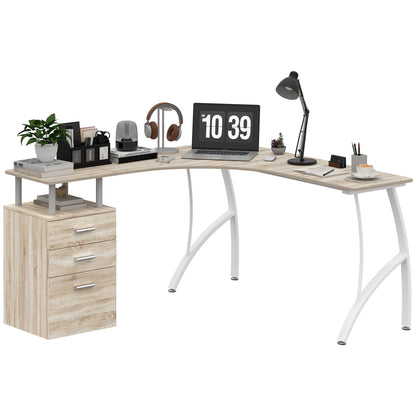 L-Shaped Computer Desk Table with Storage Drawer, Home Office Desk Corner Industrial Style Workstation for A4 Files 143.5 x 143.5 x 76cm, Oak