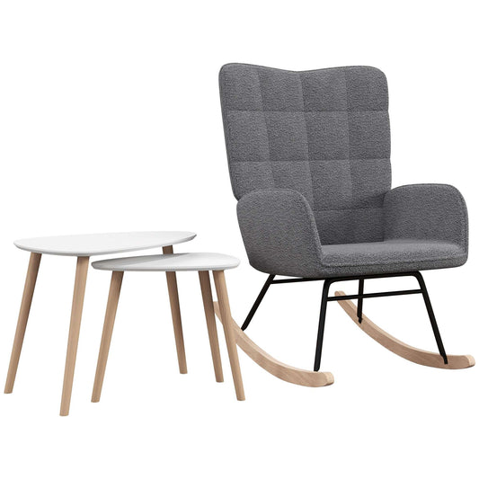 Wingback Rocking Chair & 2 Nesting Coffee Tables Set | Soft Fleecy Upholstery | High Back | Wooden Rocking Base | Scandi-Style Legs | MDF Tabletops | 120kg Capacity | White & Dark Grey