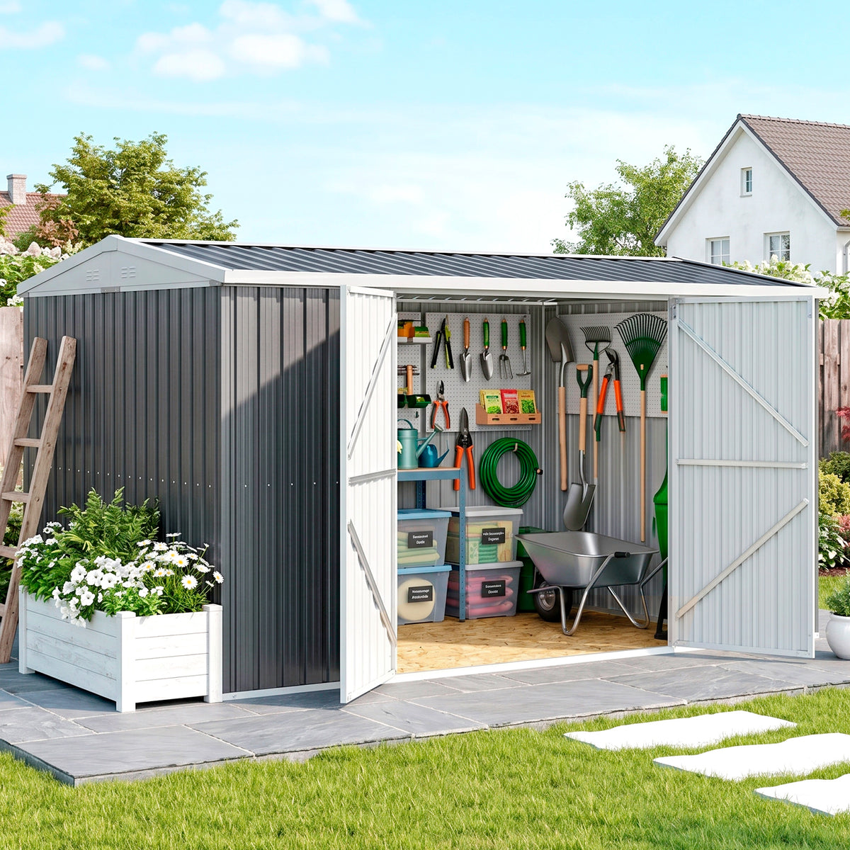 Large Galvanised Steel Garden Storage Shed | 420x245x200cm | 14x8ft | 9.7m² Floor | Sloped Roof | 4 Ventilation Windows | Lockable Door | Foundation Kit | Lock & Gloves Included | Grey