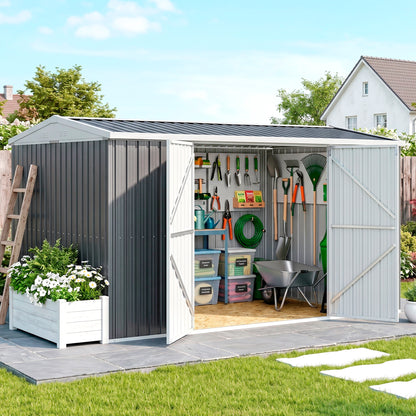 Large Galvanised Steel Garden Storage Shed | 420x245x200cm | 14x8ft | 9.7m² Floor | Sloped Roof | 4 Ventilation Windows | Lockable Door | Foundation Kit | Lock & Gloves Included | Grey